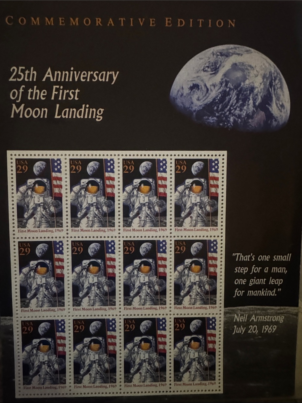 25th Anniversary Moon Landing Commemorative Stamp Sheet - Black/Blue